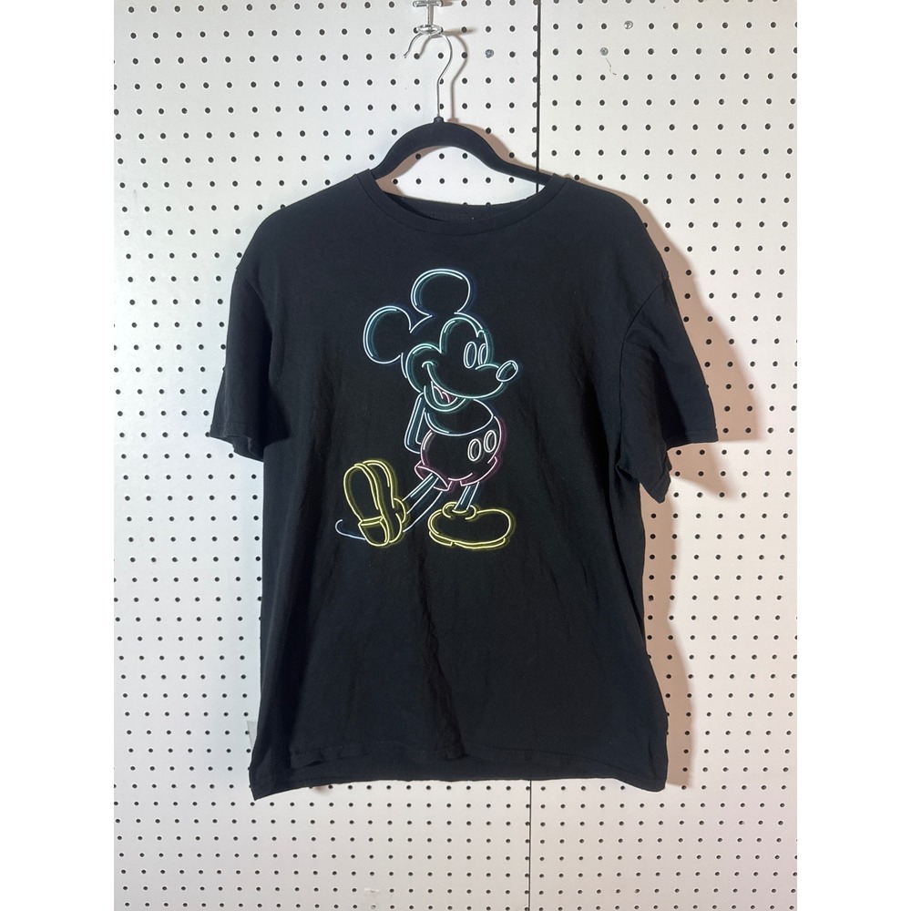 Disney Mickey Mouse Neon Sign Graphic T-Shirt Black Large Mad Engine Cotton
